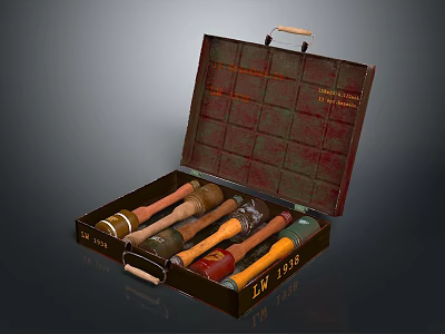 Open Vintage Toolbox With Assorted Wooden Handle Hammers In Metal Compartments 3d model