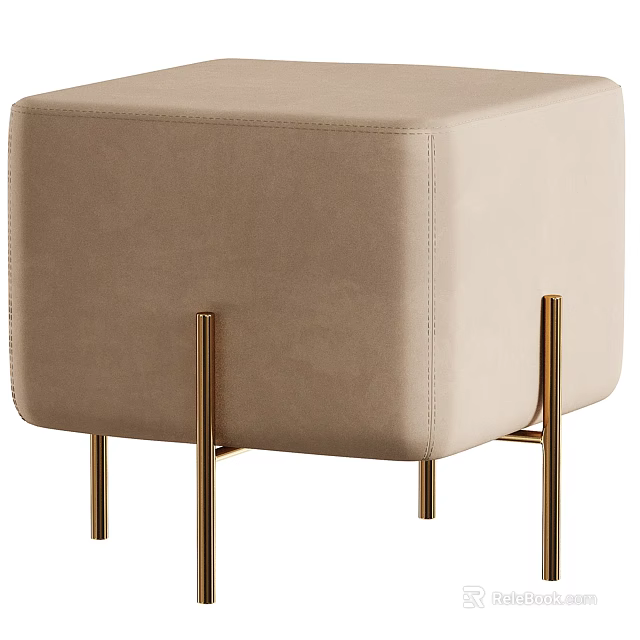 Modern Beige Upholstered Sofa Stool With Gold Metal Legs Design 3d model 