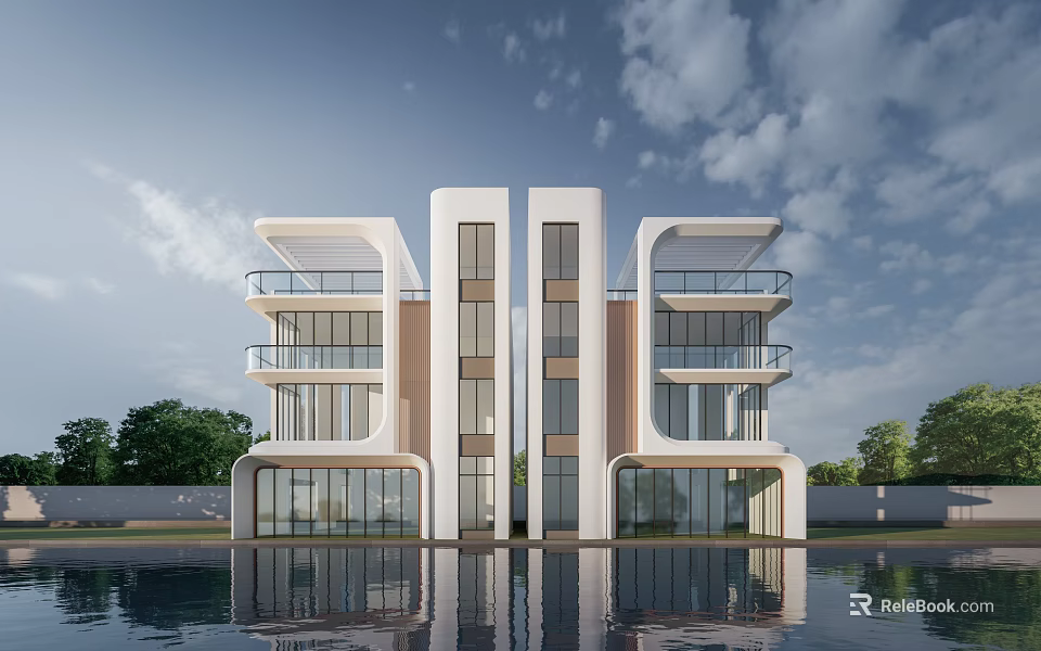 Modern Detached Villa Exterior With Glass Windows Balconies And Water Reflection Scenic View 3d model 