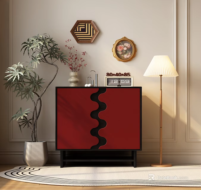 Red Entryway Cabinet Sideboard With Black Wave Design Vase Clock Floor Lamp And Green Plant 3d model 