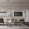 Modern Restaurant Open Kitchen Interior With Dining Table And Pendant Lights 3d model