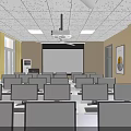 Modern School Classroom With Computers Projector Screen Yellow Curtains And Desks