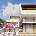 Luxury Seaside Villa Modern Architecture Infinity Pool Palm Trees Terrace People Enjoying View