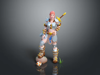 Pink Haired Female Warrior in Blue White Armor Holding Spear with Creature Egg and Grass 3d model