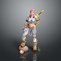 Pink Haired Female Warrior in Blue White Armor Holding Spear with Creature Egg and Grass