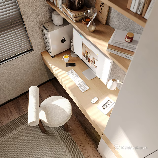 Cozy Home Office Desk Setup With Monitor Keyboard Books And Comfortable Chair 3d model 