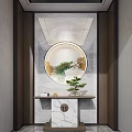 Elegant Modern Entryway Cabinet And Console Table With Round Mirror Small Pine And Marble Backdrop 3d model
