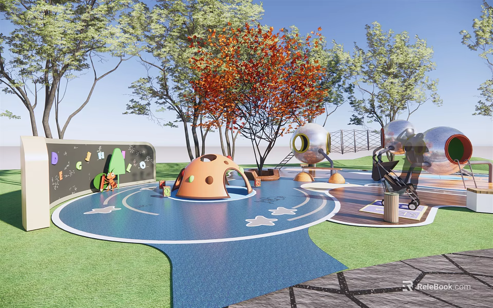 Playground Equipment Featuring Blue Cloud Surface Orange Dome Structure And Trees With Silver Spherical Facilities 3d model