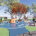 Playground Equipment Featuring Blue Cloud Surface Orange Dome Structure And Trees With Silver Spherical Facilities 3d model
