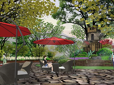 Scenic Park Landscape With Red Umbrellas Outdoor Seating Green Trees And Stone Pavement 3d model