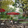 Scenic Park Landscape With Red Umbrellas Outdoor Seating Green Trees And Stone Pavement