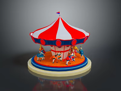Colorful Carousel With Red And White Canopy Flag And Horse Figures On Blue Orange Base 3d model