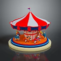 Colorful Carousel With Red And White Canopy Flag And Horse Figures On Blue Orange Base