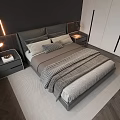 Modern Double Bed Bedroom Interior With Gray Pillows Checkered Blanket And Light Rug 3d model