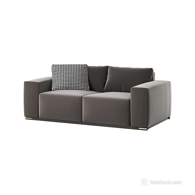 Modern Minimalist Gray Leather Two Seater Sofa With Plaid And Solid Cushions Metal Accents 3d model 
