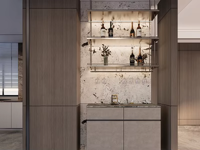 Elegant Modern Sideboard Featuring Marble Backsplash Glass Shelves And Wine Bottles 3d model