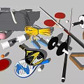 Various Sports Equipment Collection Featuring Dumbbells Jump Rope Table Tennis Paddles Billiards Cues And Balls