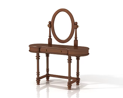 Classic Wooden Dressing Table With Oval Mirror Single Drawer And Carved Legs For Bedroom Decor 3d model