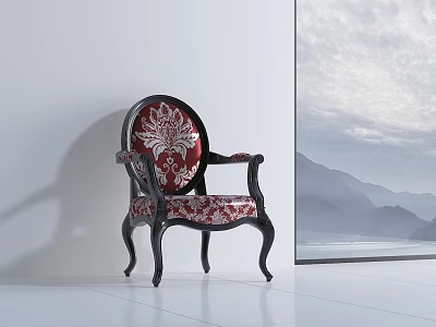 Elegant Red Floral Pattern Leisure Chair with Black Frame by Window Mountain View 3d model