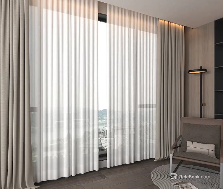 Modern Neutral Curtains in Living Room Interior with Large Window City View and Accent Chair 3d model 