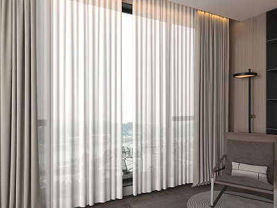 Modern Neutral Curtains in Living Room Interior with Large Window City View and Accent Chair 3d model