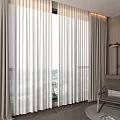Modern Neutral Curtains in Living Room Interior with Large Window City View and Accent Chair