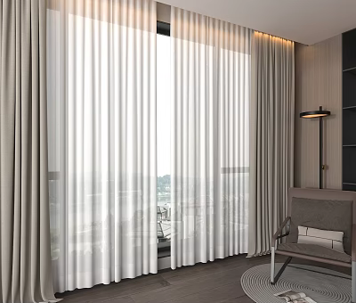 Modern Neutral Curtains in Living Room Interior with Large Window City View and Accent Chair 3d model