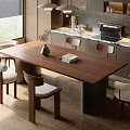 Modern Wooden Dining Table With Upholstered Chairs In Bright Kitchen With Cabinets And Appliances