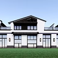 Modern Chinese Style Townhouse Exterior With White Walls Black Roofs And Green Lawn