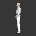 3D Rendered Karate Practitioner In White Uniform With Black Belt Standing On Dark Background