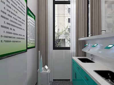 Medical Hand Washing Station With Green Cabinets Double Sinks Wall Notice Boards And Window Curtains 3d model