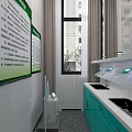 Medical Hand Washing Station With Green Cabinets Double Sinks Wall Notice Boards And Window Curtains