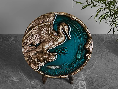 Decorative Ornament Set Featuring Golden Swan Embossed Teal Plate With Stand And Green Leaves 3d model