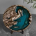 Decorative Ornament Set Featuring Golden Swan Embossed Teal Plate With Stand And Green Leaves