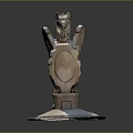 Stone Statue of Winged Mythical Beast Holding Shield on Pedestal Base
