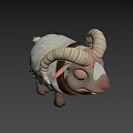 Cute 3D Model Sheep With Yellow Horns White Wool And Brown Collar