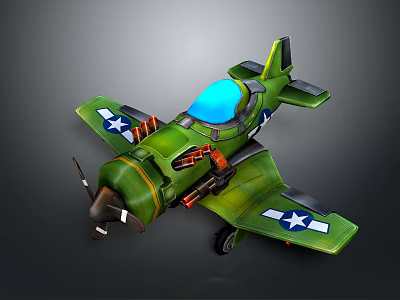 Vintage Green Airplane with Blue Cockpit Canopy and White Stars on Wings Propeller Design 3d model