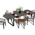 Modern Dining Table Set with Mixed Color Chairs and Tableware with Potted Plant 3d model