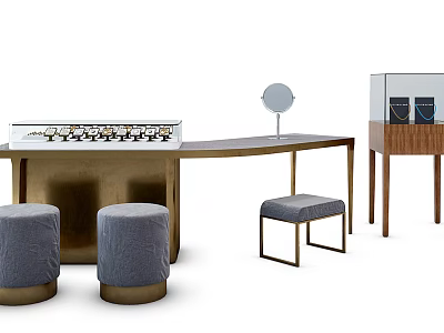 Elegant Display Shelves With Golden Frame Stools Mirror And Jewelry Storage 3d model