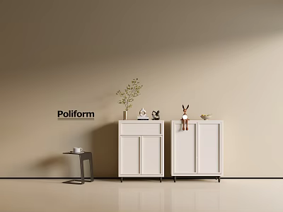 Poliform Modern White Console Cabinet And Side Cabinet With Plant Deer Figurine On Beige Wall 3d model