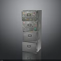 Silver Metal Drawer Cabinet With Multiple Stacked Drawers And Labeled Stickers