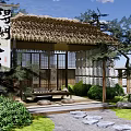 Traditional Japanese Courtyard Garden with Thatched Roof Tea House Stone Path and Green Plants