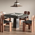 Modern Wooden Mahjong Table With Curved Back Chairs And Hanging Lamp