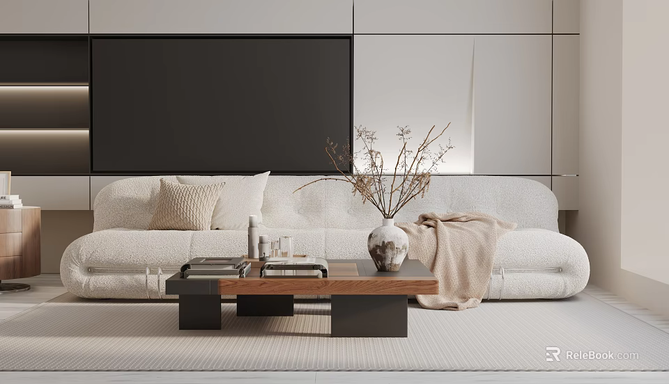 Modern White Three Seater Sofa With Coffee Table Vase Pillows And Blanket 3d model 