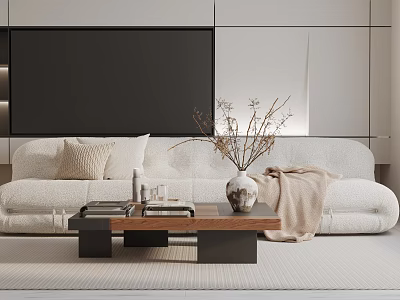 Modern White Three Seater Sofa With Coffee Table Vase Pillows And Blanket 3d model