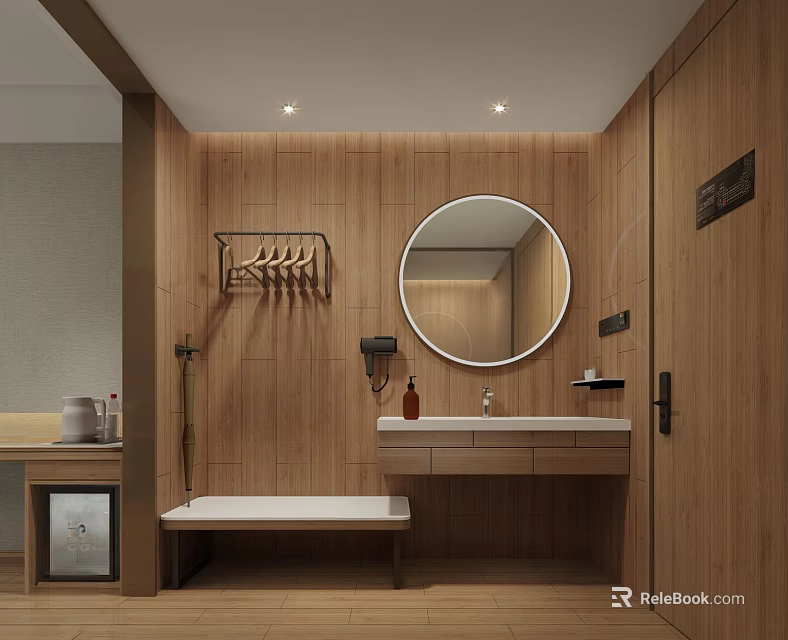 Modern Hotel Bathroom Interior With Wooden Walls Circular Mirror And Vanity Bench 3d model 