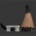 Decorative Interior Scene With Dark Cabinet Teepee Structure Boat Decoration Gray Stool And White Bench