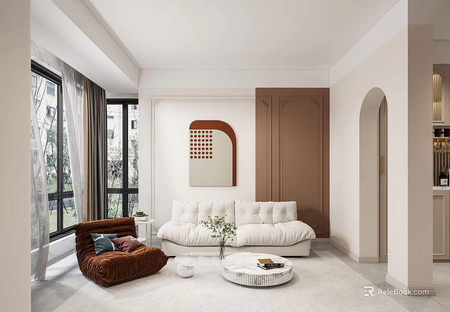 Cozy Living Room Interior With Neutral Tones White Sofa Round Coffee Table And Large Windows 3d model 