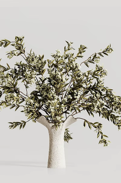 White Vase with Green Leaves and White Flowers in Minimalist Setting 3d model