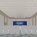 Modern Conference Room Interior With White Chairs Setup And Large World Map Display Screen